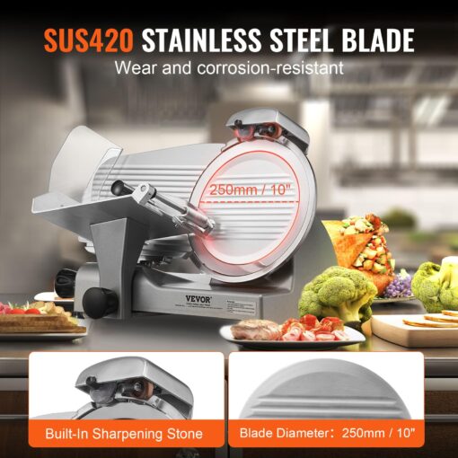 Meat Slicer, 340W Electric Deli Food Slicer with 10" SUS420 Stainless Steel Blade and Built-in Sharpening Stone, 0-0.6 inch Adjustable Thickness for Commercial and Home Use, Cut Meat and Cheese - Image 7