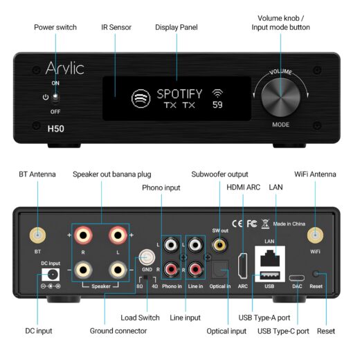 Arylic H50 Hi-Fi 50W*2 WiFi Audio Amplifier with Bluetooth aptX HD, HDMI ARC, AirPlay 2 and Spotify Streaming for Wireless Home Music. Support for transmitting and Receiving Music - Image 5