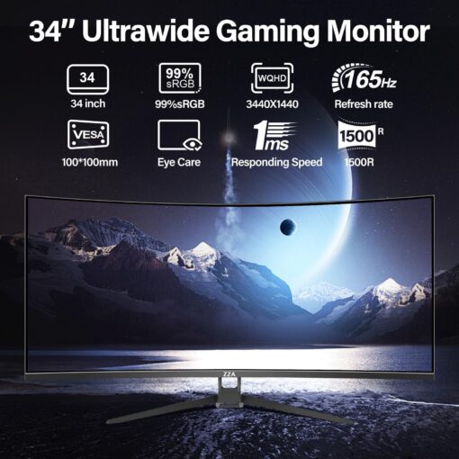 ZZA 34" UltraWide Curved QHD Monitor - Immersive Gaming Experience with 165Hz Refresh Rate, VA Panel, and AMD FreeSync Premium | HDR10 | 99% sRGB | 3440x1440 - Image 8