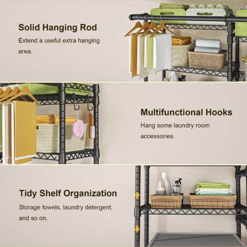 Ulif U13 Over Washer and Dryer Storage Shelves, 6 Tiers Laundry Room Standing Shelf with 2 Hanger Rods, Space Saver Clothes Drying Rack, 63.4" W x 22" D x 77.4" H, Black - Image 3