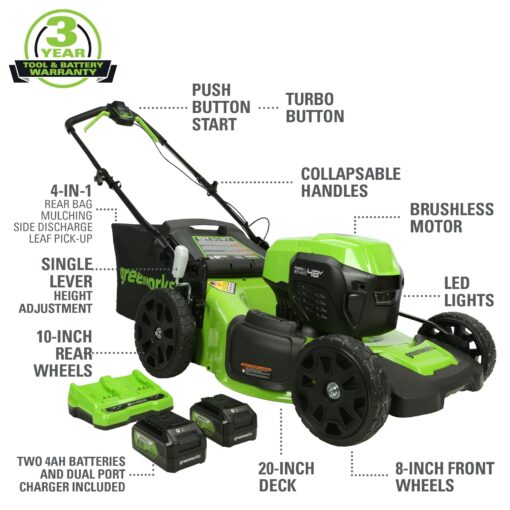 Greenworks 48V (2x24V) 20" Cordless Push Mower, 12" String Trimmer, 320 CFM Blower，10" Chainsaw，and 22" Hedge Trimmer Combo Kit - Image 9