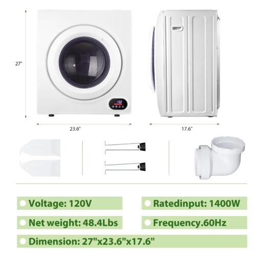 Euhomy Compact Laundry Dryer, 2.65 cu ft Front Load Stainless Steel Clothes Dryers With Exhaust Pipe, 1400W, LCD Control Panel Four-Function Portable Dryer For Apartments, Home, Dorm, White - Image 2