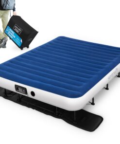 SereneLife EZ Bed Air Mattress with Frame and Rolling Case, Self-Inflating Airbed with Built in Pump for Travel and Hosting, Queen