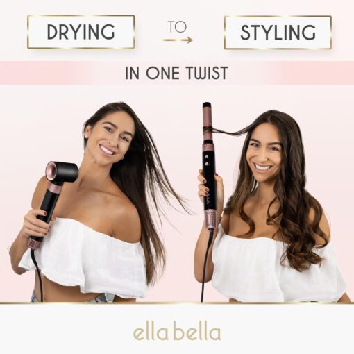 ELLA BELLA® 6 in 1 Professional Hot Air Styler • Powerful Hair Dryer & Straightener Set • Styling Without Heat Damage • Fast Drying Curling Volumizing Straightening • Includes Protective Travel Case - Image 3