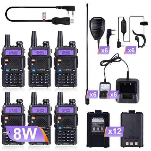 BaoFeng Radio UV-5R 8W Ham Radio (6 Pack) 144-148Mhz/420-450Mhz + 1pcs TIDRADIO Driver Free Programming Cable + 12pcs 1800mAh Batteries BaoFeng Walkie Talkie