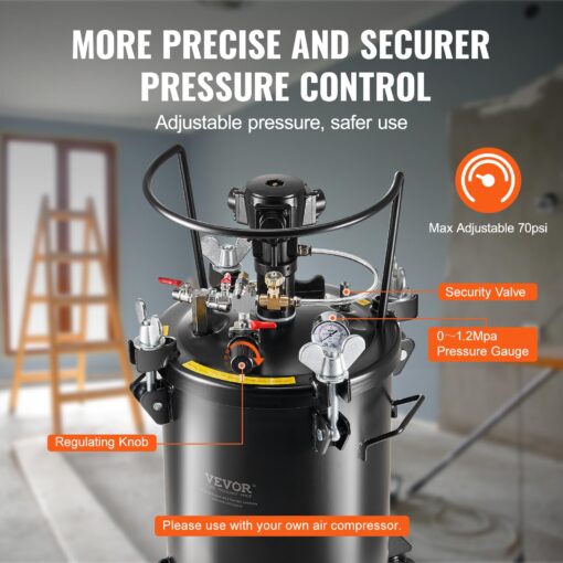 VEVOR Spray Paint Pressure Pot, 30 L/7.5 gal Fully Automatic Stirring Pressure Pot Tank, 70 psi Adjustale Pressure, Pressure Pot Paint Tank with Spray Gun and Hoses, for Home Decor Industry Painting - Image 6