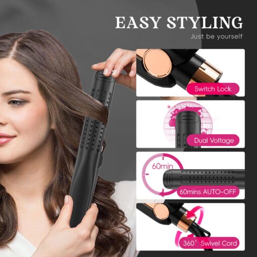 SKIMI Airflow Styler, Titanium Flat Iron Hair Straightener, Professional Curling Iron with Cooling Air Vents to Lock in Style, 5 Temps & Dual Voltage, Auto Off(Black & Champagne). - Image 4