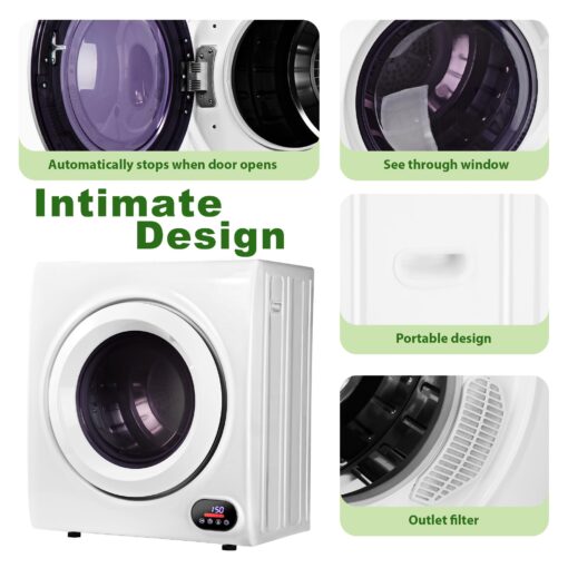 Euhomy Compact Laundry Dryer, 2.65 cu ft Front Load Stainless Steel Clothes Dryers With Exhaust Pipe, 1400W, LCD Control Panel Four-Function Portable Dryer For Apartments, Home, Dorm, White - Image 3