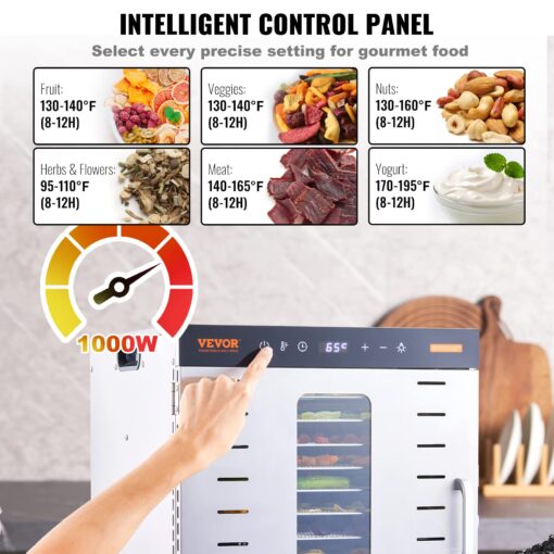 VEVOR Food Dehydrator Machine, 10 Stainless Steel Trays, 1000W Electric Food Dryer with Digital Adjustable Timer & Temperature for Jerky, Herb, Meat, Beef, Fruit, Dog Treats and Vegetables - Image 7