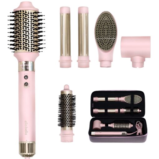 ELLA BELLA® 6 in 1 Professional Hot Air Styler • Powerful Hair Dryer & Straightener Set • Styling Without Heat Damage • Fast Drying Curling Volumizing Straightening • Protective Travel Case (Pink)