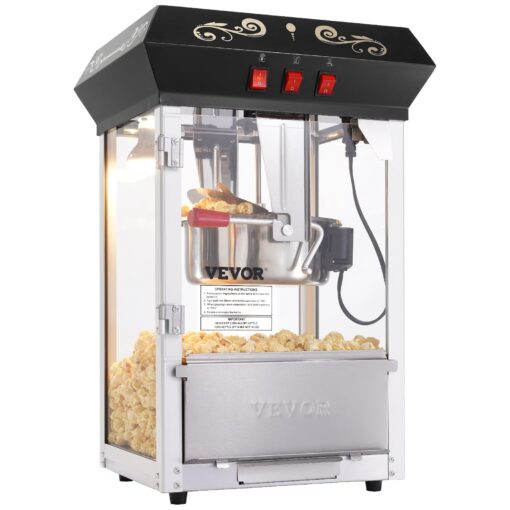 VEVOR Popcorn Maker, 850W Popcorn Popper Machine, 8 Oz Kettle Makes 48 Cups per Batch, Countertop Popcorn Maker with Tempered Glass, Includes 4 Scoops, Movie Theater Style, Black - Image 2