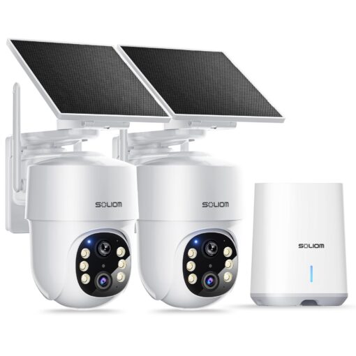 SOLIOM- True 5MP HD Security Cameras Wireless Outdoor, Solar Powered Home Security Camera with 360° Auto Tracking, Pan & Tilt, Spot Light Night Vision,2-Cam Pack, 5G & 2.4G Router, No Subscription
