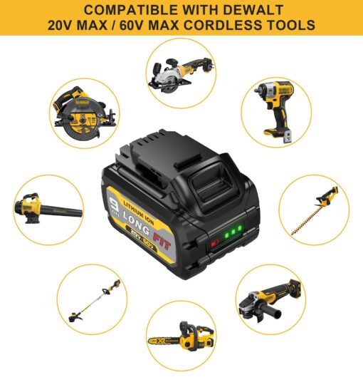 LONG FIT 4 Pack 9.0Ah Battery Replace for Dewalt 20V/60V 9.0AH Battery DCB606 DCB609 DCB612 Compatible with DeWalt 20V/60V Power Tools, Compatible with Dewalt Chargers - Image 4