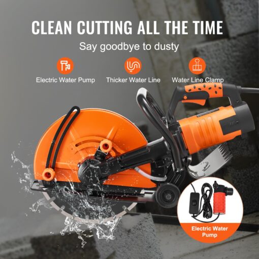 VEVOR Electric Concrete Saw, 14 in Circular Saw Cutter with 5 in Cutting Depth, Wet/Dry Disk Saw Cutter Includes Water Line, Pump and Blade, for Stone, Brick, Porcelain, Concrete, 2600W/15A Motor - Image 8