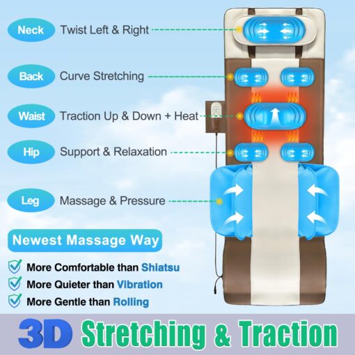 Full Body Massage Mat with Airbags Stretching & Heating, 3D Lumbar Traction & Relaxation, Back Massager Pad, 4 Modes 3 Intensities 3 Heat Levels, PU Leather, Portable & Foldable Design, Fit 5'1-6'0 - Image 6