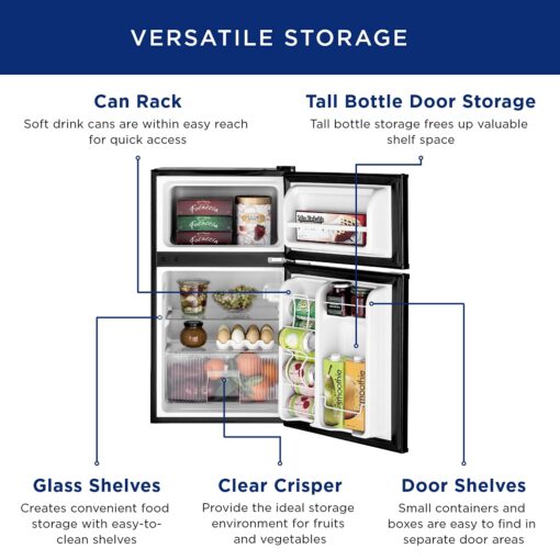 GE Mini Fridge With Freezer | 3.1 Cubic Ft. | Double-Door Design With Glass Shelves, Crisper Drawer & Spacious Freezer | Small Refrigerator Perfect for the Garage, Dorm Room, or Bedroom | Black - Image 5