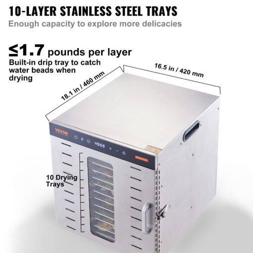 VEVOR Food Dehydrator Machine, 10 Stainless Steel Trays, 1000W Electric Food Dryer with Digital Adjustable Timer & Temperature for Jerky, Herb, Meat, Beef, Fruit, Dog Treats and Vegetables - Image 8