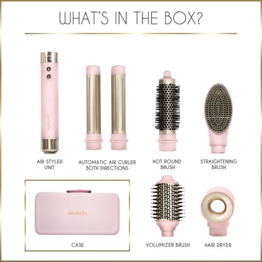 ELLA BELLA® 6 in 1 Professional Hot Air Styler • Powerful Hair Dryer & Straightener Set • Styling Without Heat Damage • Fast Drying Curling Volumizing Straightening • Protective Travel Case (Pink) - Image 2