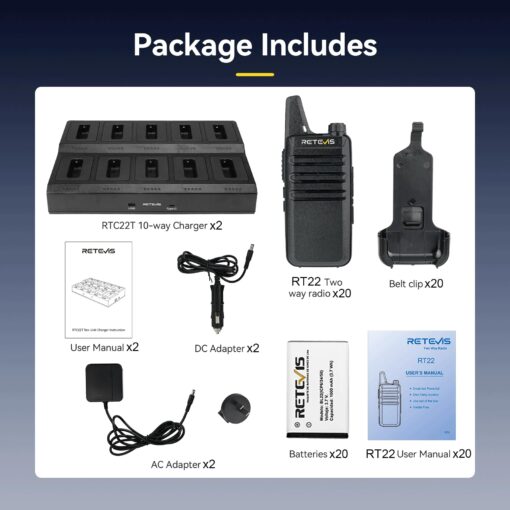 Retevis RT22 Walkie Talkies for Adults(20 Pack),Rechargeable 2 Way Radio Long Range,with 2 Pack 10 Way Gang Charger,Charging Efficiently,Hands-Free Portable Walkie Talkie for School Hotel Restaurant - Image 4