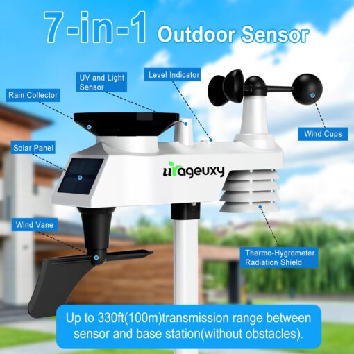 Urageuxy WiFi Weather Station with Color Display, Wireless Indoor/Outdoor Weather Monitor - Rain Gauge, Wind Speed/Direction, Anemometer, UV Index & Outdoor Sensor - Image 6