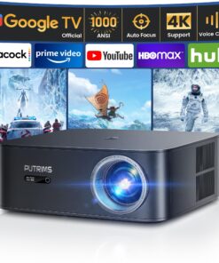 [1000 ANSI/Google TV/Voice Control]Smart Projector with WiFi 6 and Bluetooth, Netflix-Licensed 4K Support, Outdoor Movie Proyector, 1080P Home Ceiling Auto Focus Projector, PUTRIMS K12 Gray