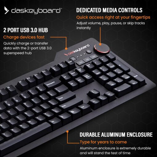 Das Keyboard 4 Professional Wired Mechanical Keyboard, Cherry MX Blue Mechanical Switches, 2-Port USB 3.0 Hub, Volume Knob, Aluminum Top (104 Keys, Black) - Image 4