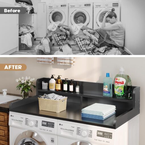 Corbyles 2-Tier Washer Dryer Countertop with 2.75"H Edge Rails, 54" W x 27.55" D Laundry Countertop for Folding Clothes, Washer and Dryer Topper with Non-Slip Pad (Black) - Image 3