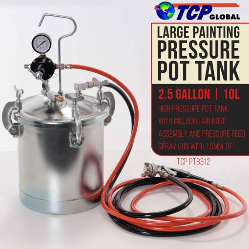 TCP Global 2-1/2 Gallon - (10 Liter) Pressure Pot Paint Tank: Heavy Duty Solid Steel, Clamp on Lid, Regulator & Pressure Gauge, Spray Gun and Hoses - Ideal for Large Volume Painting and Autobody Work - Image 7