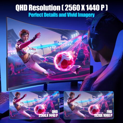 ZZA 27 Inch QHD 2560 x 1440 Gaming Monitor 165Hz 1ms Fast IPS Computer Monitor,1800R, HDMI 2.0 x2 |DP1.4x2 VESA Mount, 99% sRGB HDR Eye Care Metal Stand - Image 7