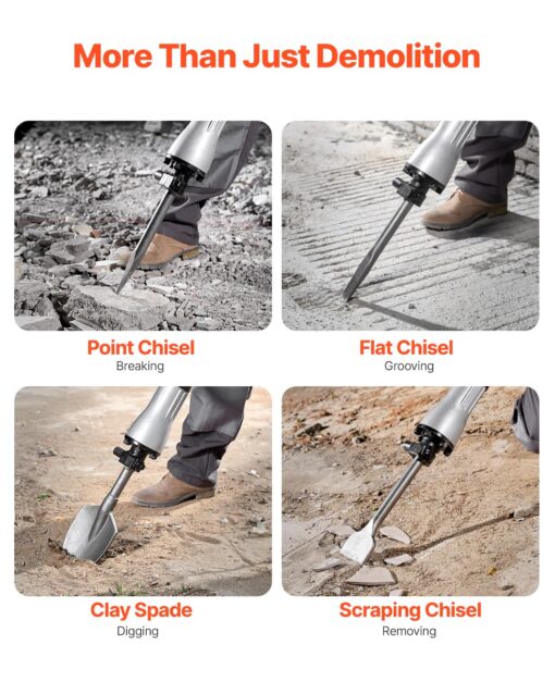 VEVOR Demolition Jack Hammer, MAX 2200W Electric Jackhammer Heavy Duty, 1350 BPM Concrete Breaker 4pcs Chisels Bit Chipping W/Case, Gloves - Image 8