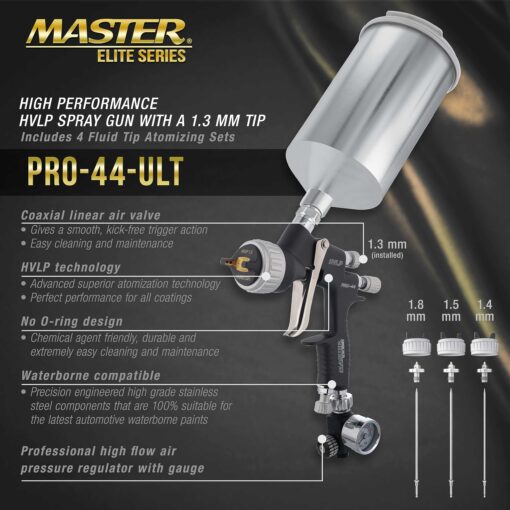 Master Elite High Performance PRO-44 Series HVLP Spray Gun Ultimate Kit with 4 Fluid Tip Sets 1.3, 1.4, 1.5 and 1.8mm and Air Pressure Regulator Gauge - Automotive Basecoats, Clearcoats, Primers - Image 6