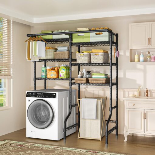Ulif U13 Over Washer and Dryer Storage Shelves, 6 Tiers Laundry Room Standing Shelf with 2 Hanger Rods, Space Saver Clothes Drying Rack, 63.4" W x 22" D x 77.4" H, Black - Image 7
