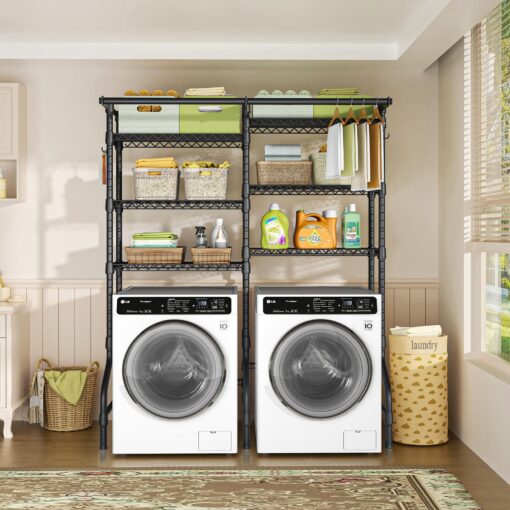 Ulif U13 Over Washer and Dryer Storage Shelves, 6 Tiers Laundry Room Standing Shelf with 2 Hanger Rods, Space Saver Clothes Drying Rack, 63.4" W x 22" D x 77.4" H, Black - Image 8