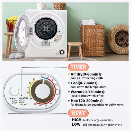 Euhomy 110V Portable Clothes Dryer 850W Compact Laundry Dryers 1.5 cu.ft Front Load Stainless Steel Electric Dryers Machine with Stainless Steel Tub for Apartment,RVs,Dorms,White Easy Control - Image 5