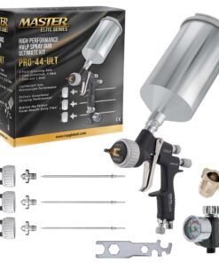 Master Elite High Performance PRO-44 Series HVLP Spray Gun Ultimate Kit with 4 Fluid Tip Sets 1.3, 1.4, 1.5 and 1.8mm and Air Pressure Regulator Gauge - Automotive Basecoats, Clearcoats, Primers