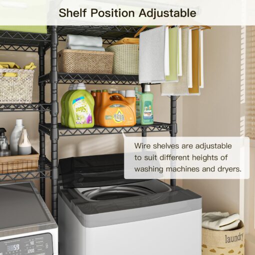 Ulif U13 Over Washer and Dryer Storage Shelves, 6 Tiers Laundry Room Standing Shelf with 2 Hanger Rods, Space Saver Clothes Drying Rack, 63.4" W x 22" D x 77.4" H, Black - Image 6
