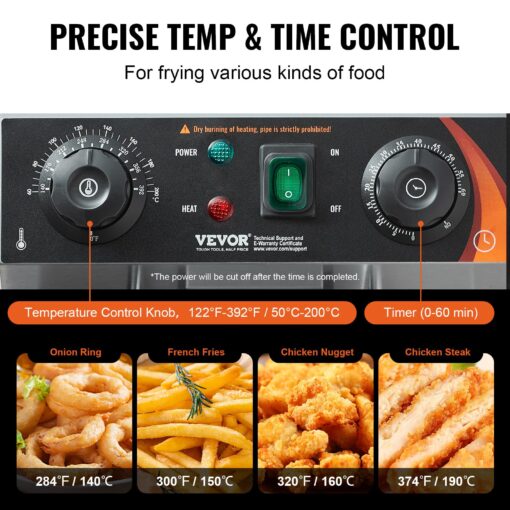 VEVOR Commercial Deep Fryer, Dual Tank 3000W Electric Countertop Fryer with Basket, 2 x 11.6Qt/11L Double Stainless Steel Oil Fryer with Drain, Time & Temp Control, for Kitchen Restaurant Use - Image 7