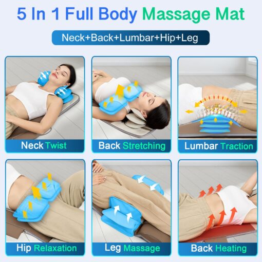 Full Body Massage Mat with Airbags Stretching & Heating, 3D Lumbar Traction & Relaxation, Back Massager Pad, 4 Modes 3 Intensities 3 Heat Levels, PU Leather, Portable & Foldable Design, Fit 5'1-6'0 - Image 5