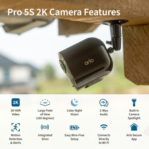 Arlo Pro 5S 2K Spotlight Camera - Wireless Home Security Camera with Spotlight, Color Night Vision, Dual-Band Wi-Fi & 2-Way Audio - Black, 3 Pack, VMC4360B - Image 8