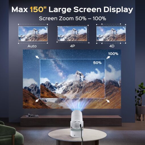 Mini Projector with WiFi and Bluetooth, 4K Decoding, 1080P Supported, 270 Rotatable, 150'' Screen, Auto Keystone, Home & Outdoor, Portable, Smart Projector, White - Image 6