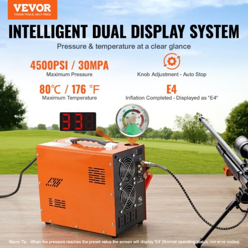 VEVOR PCP Air Compressor, 4500PSI/30Mpa Portable PCP Airgun Compressor with Built-in Power Converter, Auto-Stop | DC12V/AC120V | Oil & Water-Free Air Rifle, Paintball and Scuba Tank Compressor Pump - Image 8