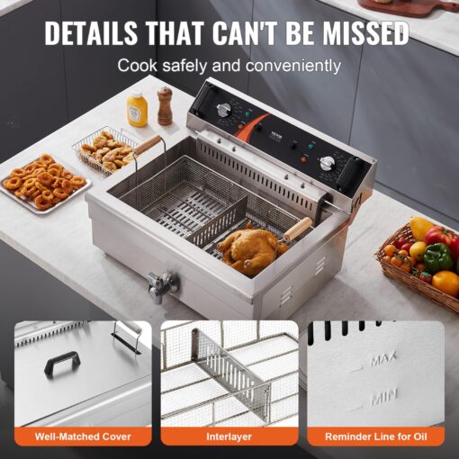 VEVOR Commercial Deep Fryer, 3000W Electric Turkey Fryer with Basket, Large Capacity 30.6Qt / 29L Countertop Single Oil Fryer, Stainless Steel, Temp Control, for Kitchen Restaurant Use, Silver - Image 8