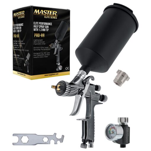 Master Elite Performance PRO-88 Series HVLP Spray Gun with 1.3mm Tip with Air Pressure Regulator Gauge, MPS Cup Adapter - Ideal for Automotive Basecoats, Clearcoats - Advanced Atomization