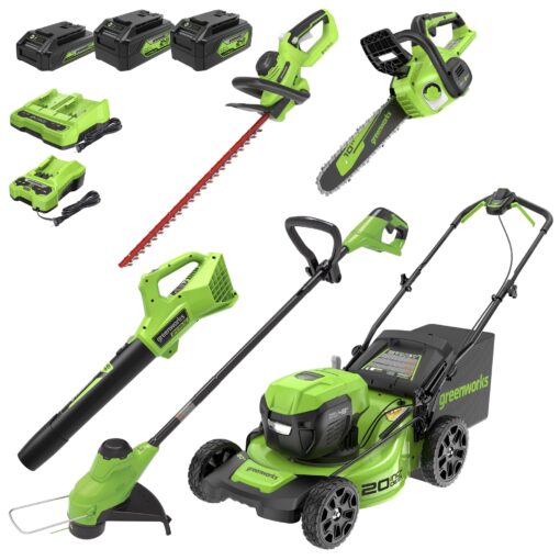 Greenworks 48V (2x24V) 20" Cordless Push Mower, 12" String Trimmer, 320 CFM Blower，10" Chainsaw，and 22" Hedge Trimmer Combo Kit