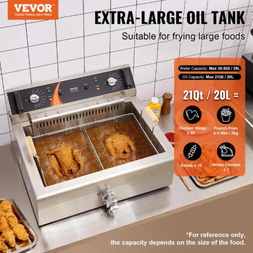VEVOR Commercial Deep Fryer, 3000W Electric Turkey Fryer with Basket, Large Capacity 30.6Qt / 29L Countertop Single Oil Fryer, Stainless Steel, Temp Control, for Kitchen Restaurant Use, Silver - Image 12