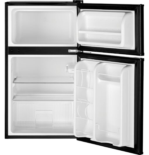 GE Mini Fridge With Freezer | 3.1 Cubic Ft. | Double-Door Design With Glass Shelves, Crisper Drawer & Spacious Freezer | Small Refrigerator Perfect for the Garage, Dorm Room, or Bedroom | Black - Image 2