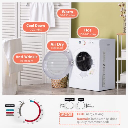 Euhomy Compact Dryer 1.8 cu. ft. Portable Clothes Dryers with Exhaust Duct with Stainless Steel Liner Four Function Small Dryer Machine, Suitable for Apartments, Dorm, RVs, White - Image 5