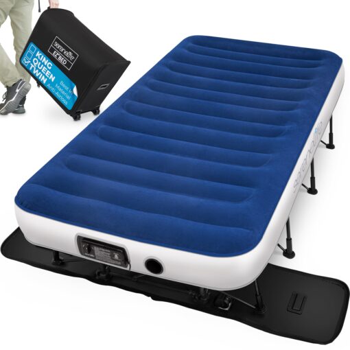 SereneLife EZ Bed Air Mattress with Frame and Rolling Case, Self-Inflating Airbed with Built in Pump for Travel and Hosting, Twin