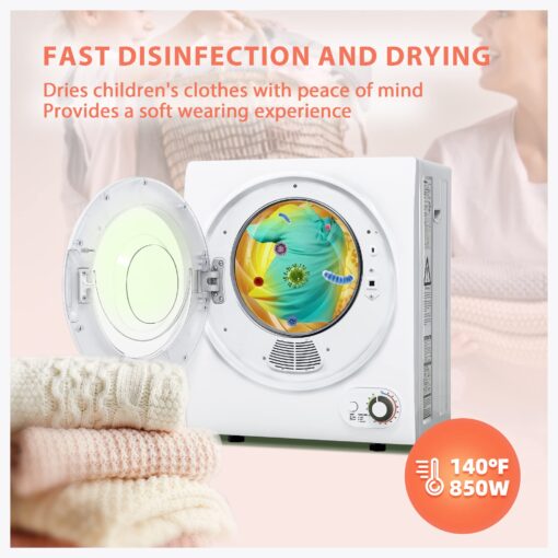 Euhomy 110V Portable Clothes Dryer 850W Compact Laundry Dryers 1.5 cu.ft Front Load Stainless Steel Electric Dryers Machine with Stainless Steel Tub for Apartment,RVs,Dorms,White Easy Control - Image 7