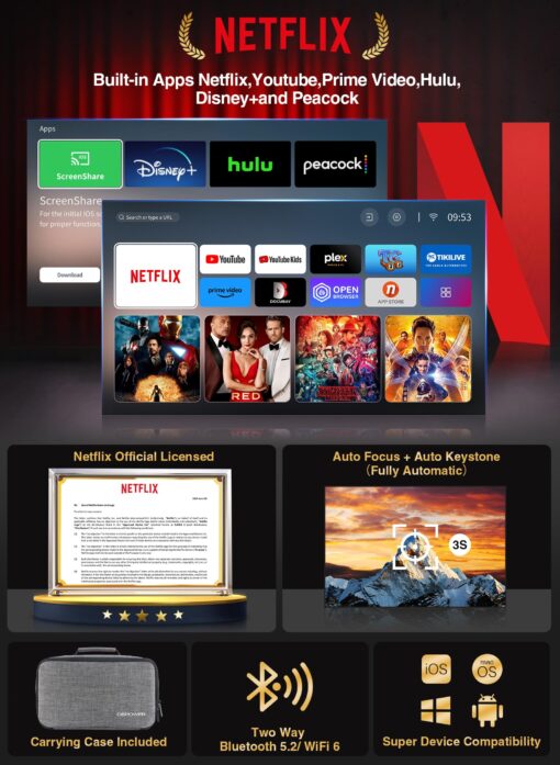 [Netflix Officially/AI Auto Focus] Smart Projector with WiFi and Bluetooth,Dolby Audio,DBPOWER Native 1080p Projector with Apps Built-in Netflix/Hulu/Disney+/Peacock, 600ANSI Movie Projector - Image 9